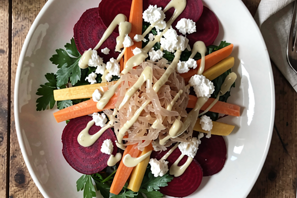Bajkowa sałatka zimowa z kiszoną kapustą, pieczonym burakiem i pęczakiem