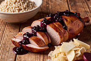 Duck with blackcurrant sauce, spelt and braised sauerkraut