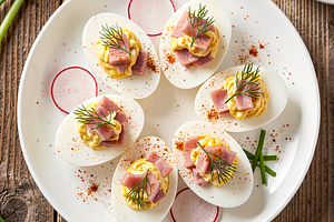 Stuffed eggs with cold cuts and fresh herbs
