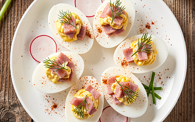 Stuffed eggs with cold cuts and fresh herbs