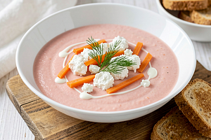 Rhubarb cream with young carrots and cottage cheese