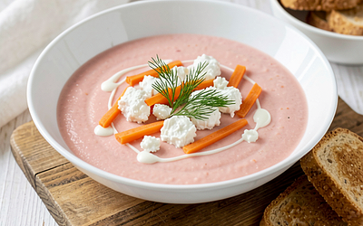 Rhubarb cream with young carrots and cottage cheese