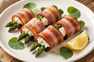 Bacon-wrapped asparagus rolls with horseradish cheese filling