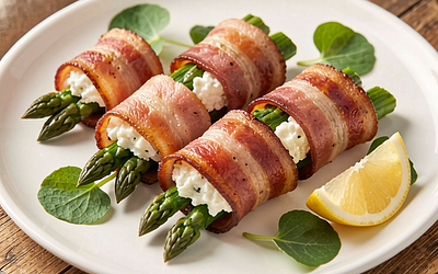 Bacon-wrapped asparagus rolls with horseradish cheese filling