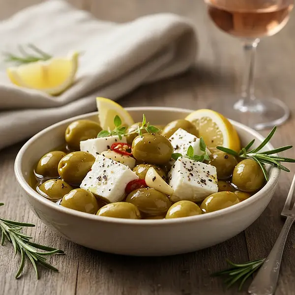 Zielone oliwki marynowane z serem feta