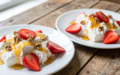 Cottage cheese with honey and fresh strawberries