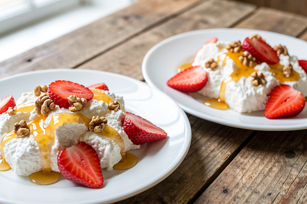 Twaróg z miodem i świeżymi truskawkami