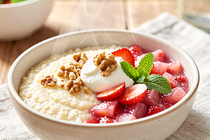 Semolina with fruits (strawberry and rhubarb)