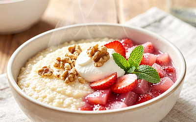 Semolina with fruits (strawberry and rhubarb)