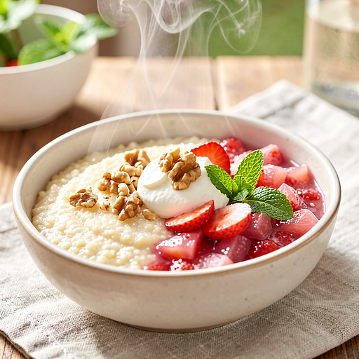 Kaszka manna z owocami (truskawka i rabarbar)