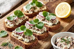 Smoked mackerel with bread, cottage cheese, and sorrel