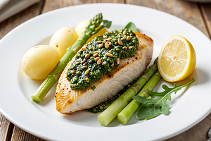 Chicken in green pesto with sorrel and young potatoes