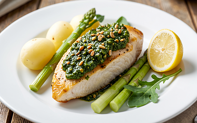 Chicken in green pesto with sorrel and young potatoes