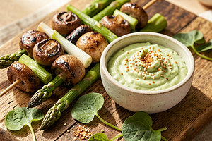 Skewers with mushrooms and green asparagus with sorrel dip