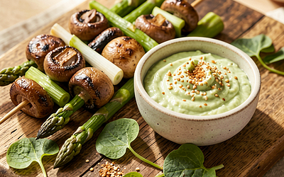 Skewers with mushrooms and green asparagus with sorrel dip