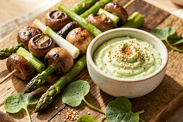 Szaszłyki z pieczarkami i zielonymi szparagami ze szczawiowym dipem