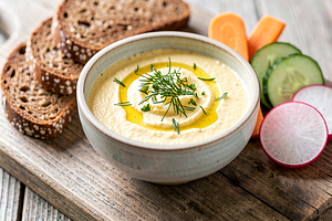 Dip made from yellow cheese with mustard and dill (fusion)