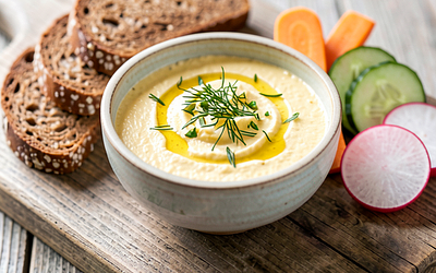 Dip made from yellow cheese with mustard and dill (fusion)