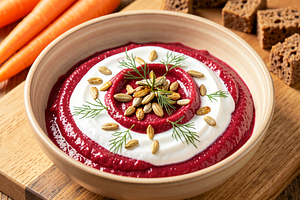 Beetroot and yogurt sauce with dill and roasted sunflower seeds
