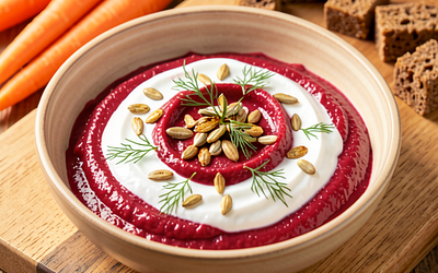 Beetroot and yogurt sauce with dill and roasted sunflower seeds