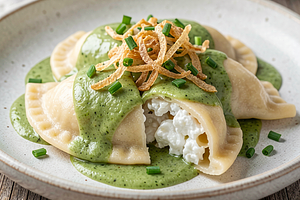Dumplings with pasta and cottage cheese in sorrel sauce