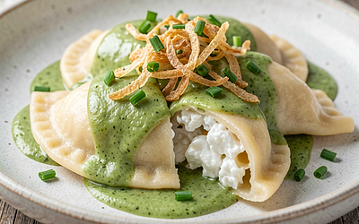 Dumplings with pasta and cottage cheese in sorrel sauce