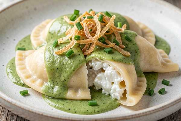 Pierogi z makaronem i twarogiem z sosem szczawiowym