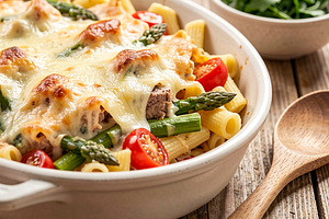Pasta casserole with meat and spring vegetables