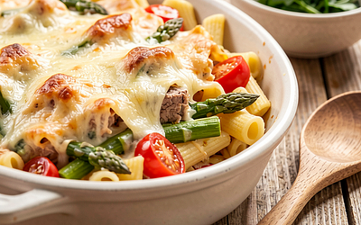 Pasta casserole with meat and spring vegetables
