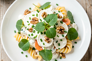 Pasta with cress and white cheese