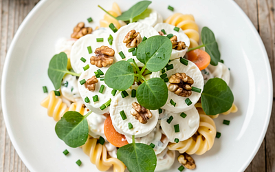 Pasta with cress and white cheese