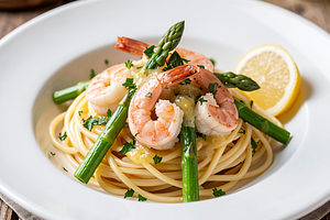 Spaghetti with shrimp, garlic, and asparagus (Polish-modern)