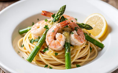 Spaghetti with shrimp, garlic, and asparagus (Polish-modern)