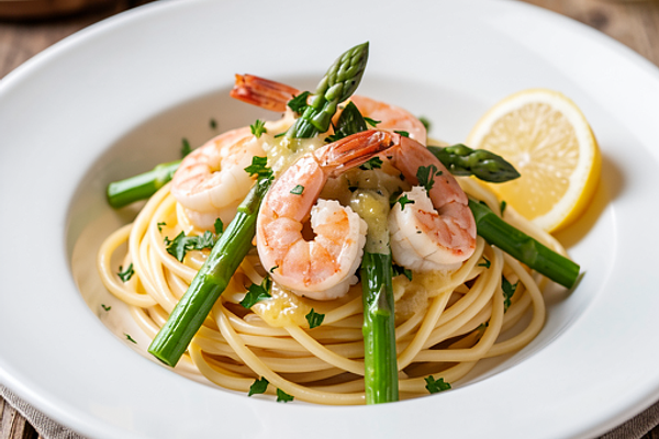 Makaron spaghetti z krewetkami, czosnkiem i szparagami (polska-nowoczesna)