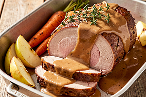 Soczysta pieczeń z karkówki w majerankowo-jabłkowym sosie