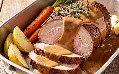 Juicy pork neck roast in marjoram-apple sauce