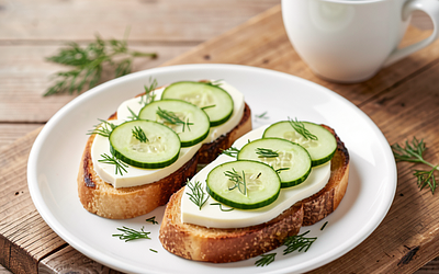 Crispy Bread with White Cheese and Cucumber