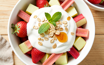 Fruit salad with yogurt and rhubarb