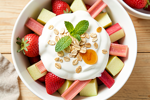 Fruit salad with yogurt and rhubarb