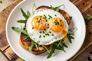 Fried eggs on arugula with toast