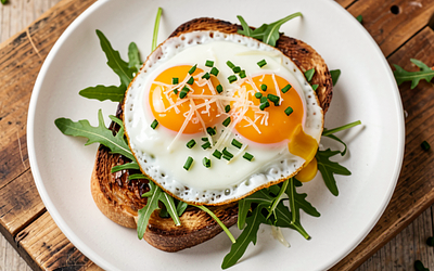Fried eggs on arugula with toast