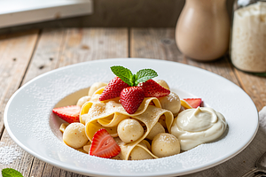 Lazy dumplings with pasta and strawberries