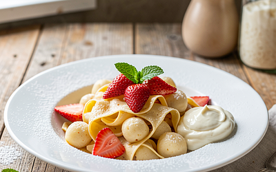 Lazy dumplings with pasta and strawberries