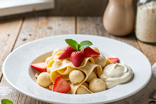 Kluski leniwe z makaronem i truskawkami