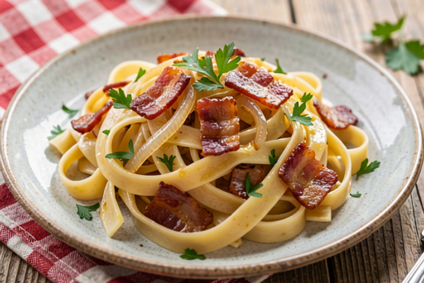 Makaron z boczkiem i cebulą