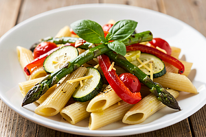 Penne pasta with roasted spring vegetables