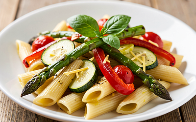 Penne pasta with roasted spring vegetables