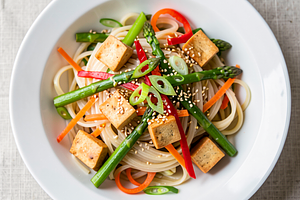 Rice noodles with spring vegetables and tofu (vegan)