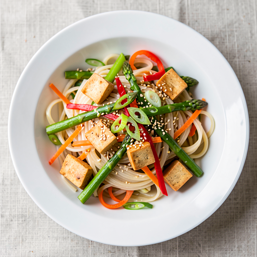 Makaron ryżowy z wiosennymi warzywami i tofu (wegański)