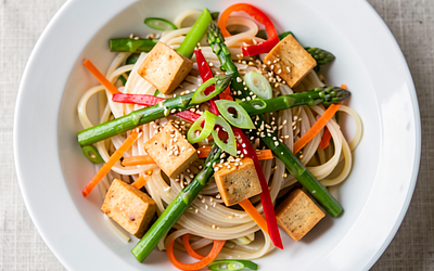 Rice noodles with spring vegetables and tofu (vegan)